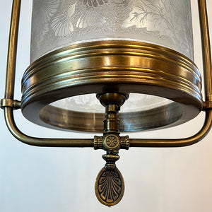 Antique Circa 1880 Converted Gas Hall Hoop with Original Floral Pattern Deep Acid Etched Cylinder Shade