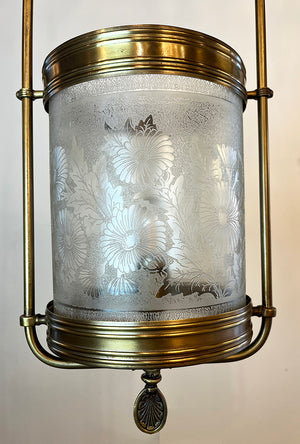 Antique Circa 1880 Converted Gas Hall Hoop with Original Floral Pattern Deep Acid Etched Cylinder Shade