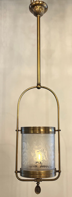 Antique Circa 1880 Converted Gas Hall Hoop with Original Floral Pattern Deep Acid Etched Cylinder Shade
