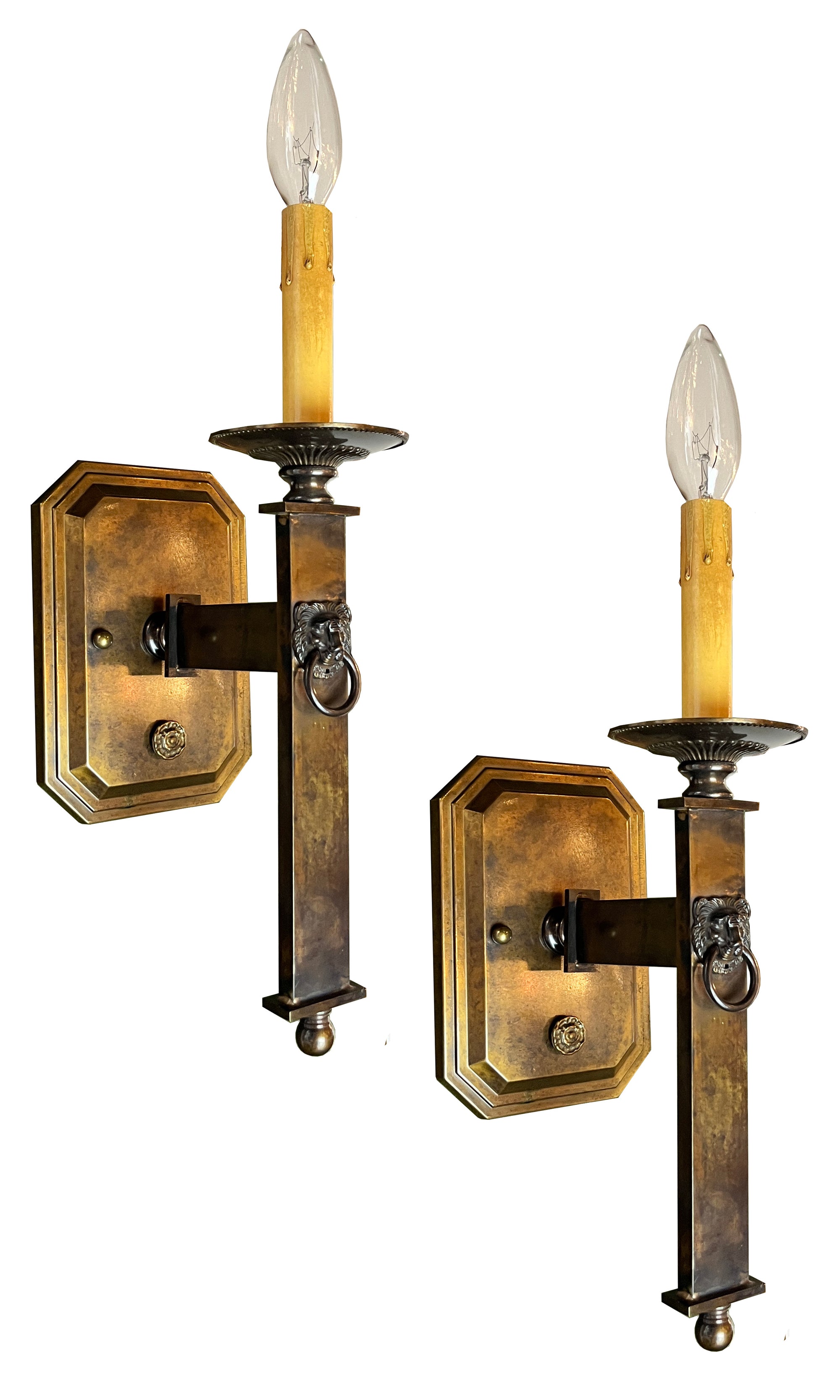 $500 PAIR - Cast Brass Lions Head Torch Sconces