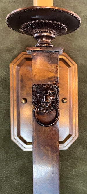 $500 PAIR - Cast Brass Lions Head Torch Sconces