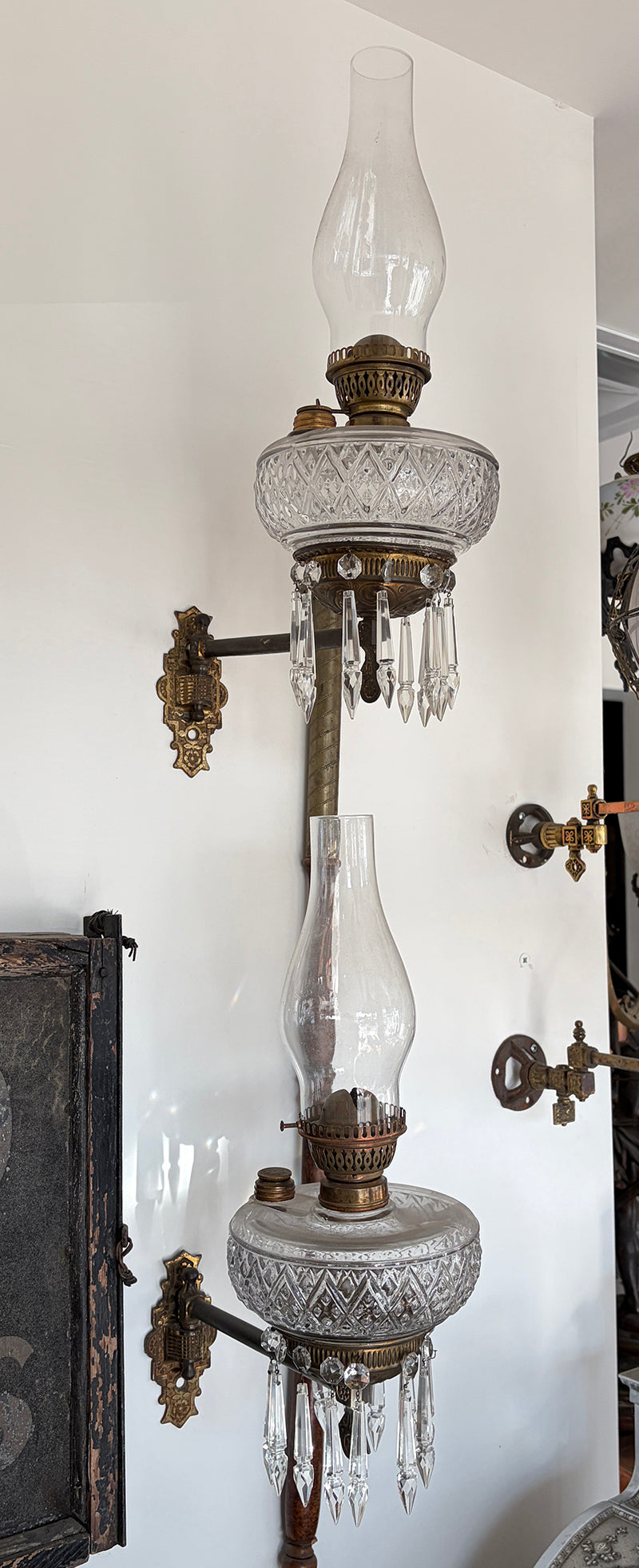 Antique 1800s Pair of Oil Light Wall Sconces with Crystals