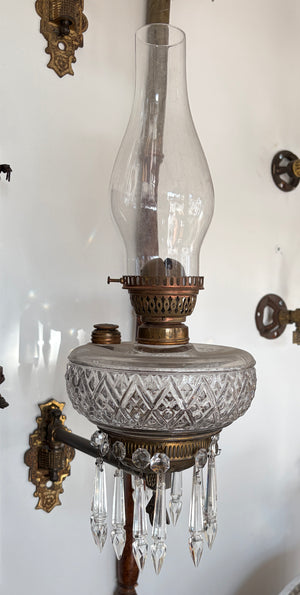 Antique 1800s Pair of Oil Light Wall Sconces with Crystals