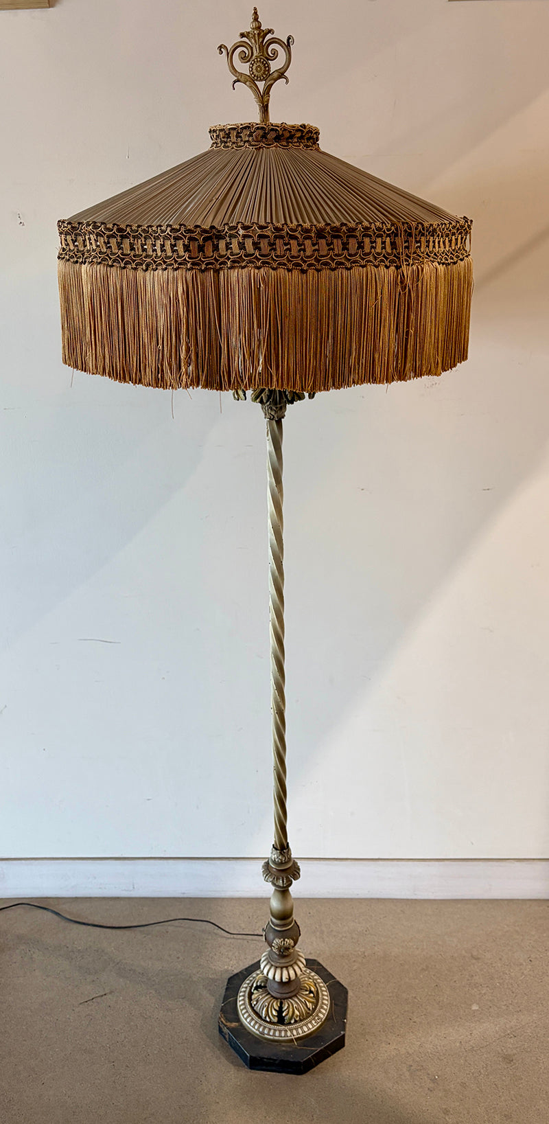 Antique 1910-30s Floor Lamp with Pleated Deep Fringe Shade