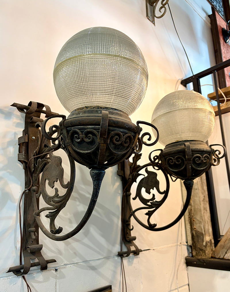Pair 1880s-1900s Wrought Iron Interior Exterior Wall Sconces with Holophane Shades