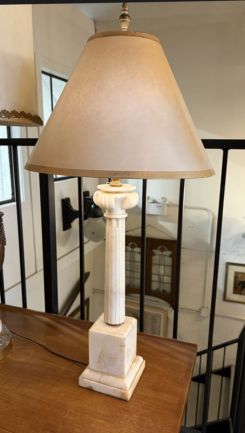 Antique 1930s-40s Alabaster Table Lamp with Gold Leaf Border Shade