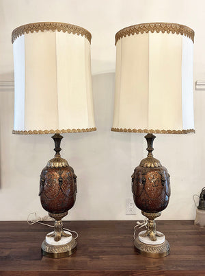 Vintage Pair 1970s Large Table Lamps with Silk Shades