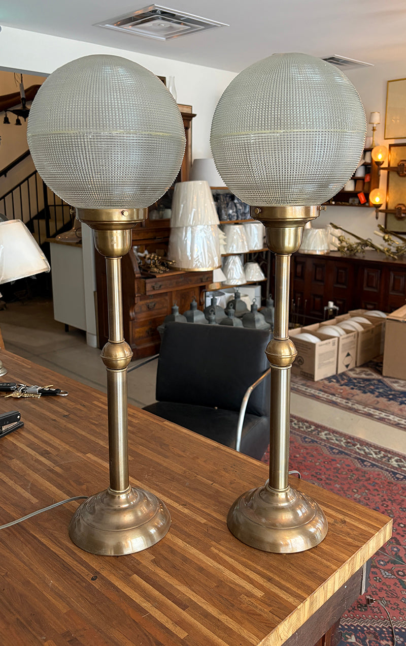 Pair Post Brass Table Lamps with Holophane Shades