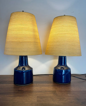 RARE PAIR Circa 1960s Lotte Bostlund 1200 Series Table Lamps with Colbalt Blue Glaze and Original Fibreglass Shades