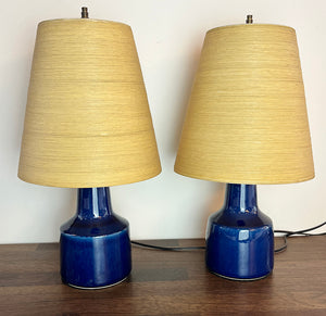 RARE PAIR Circa 1960s Lotte Bostlund 1200 Series Table Lamps with Colbalt Blue Glaze and Original Fibreglass Shades