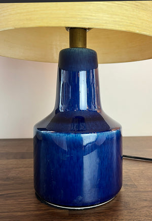 RARE PAIR Circa 1960s Lotte Bostlund 1200 Series Table Lamps with Colbalt Blue Glaze and Original Fibreglass Shades