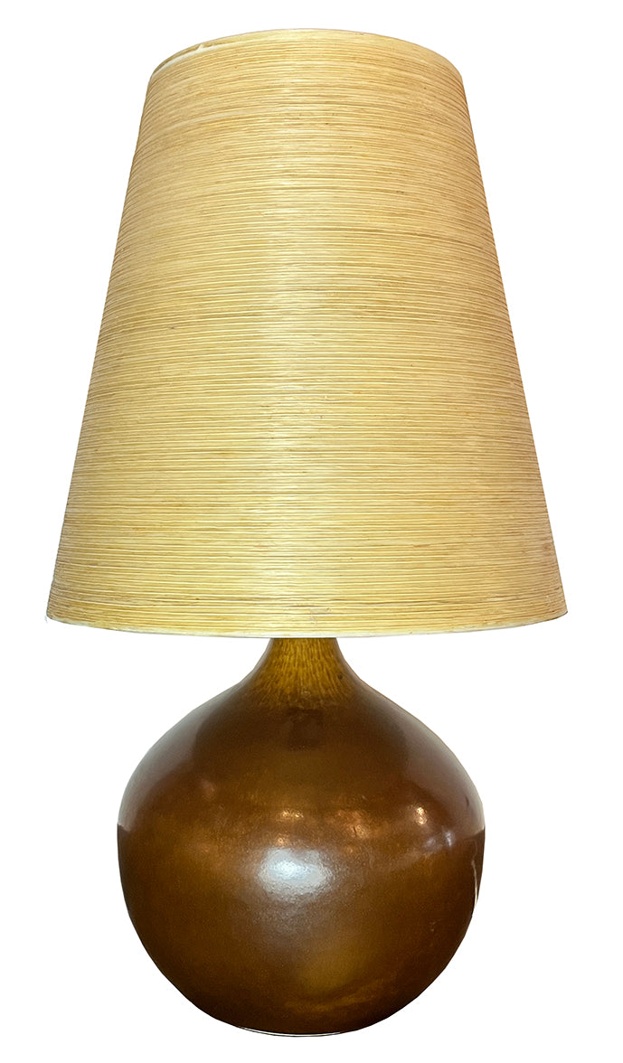 Vintage Mid Century Lotte and Gunnar Bostlund Model 1600 Table Lamp with Brown Glaze and Original Fibreglass Shade