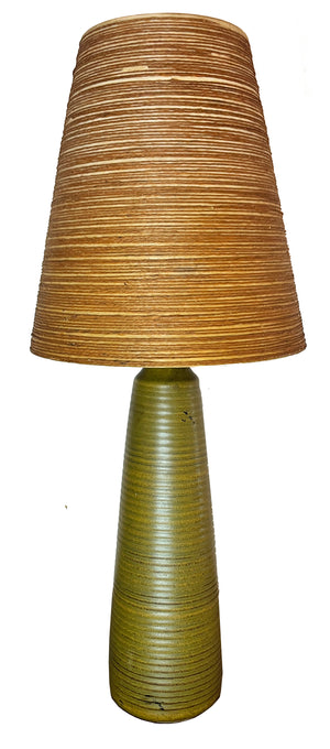 Vintage Mid Century Lotte and Gunnar Bostlund Model 600 Table Lamp with Fluted Green Glaze and Original Jutte and Fibreglass Shade