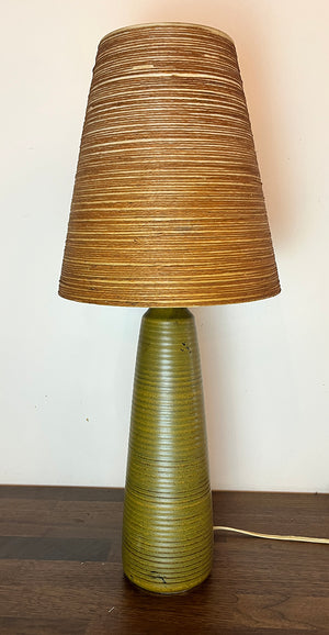 Vintage Mid Century Lotte and Gunnar Bostlund Model 600 Table Lamp with Fluted Green Glaze and Original Jutte and Fibreglass Shade
