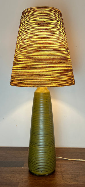 Vintage Mid Century Lotte and Gunnar Bostlund Model 600 Table Lamp with Fluted Green Glaze and Original Jutte and Fibreglass Shade