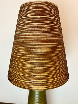 Vintage Mid Century Lotte and Gunnar Bostlund Model 600 Table Lamp with Fluted Green Glaze and Original Jutte and Fibreglass Shade