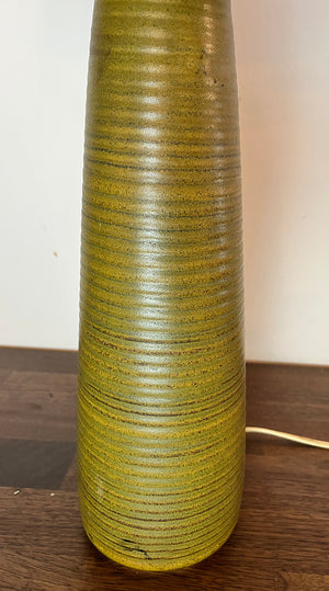 Vintage Mid Century Lotte and Gunnar Bostlund Model 600 Table Lamp with Fluted Green Glaze and Original Jutte and Fibreglass Shade
