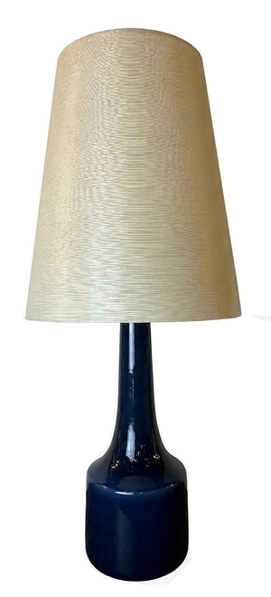 Circa 1965 Lotte Bostlund 900 Series Table Lamp with Deep Blue Glaze and Original Fiberglass Shade