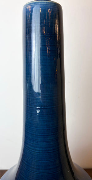 Circa 1965 Lotte Bostlund 900 Series Table Lamp with Deep Blue Glaze and Original Fiberglass Shade
