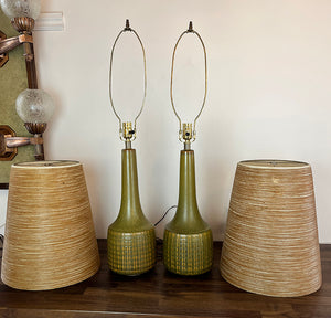 RARE PAIR Circa 1965 Lotte Bostlund 900 Series Table Lamps with Green and Yellow Cross Hatched Pattern and Glaze and Original Signed Bostlund Industries Jute and Fibreglass Shades