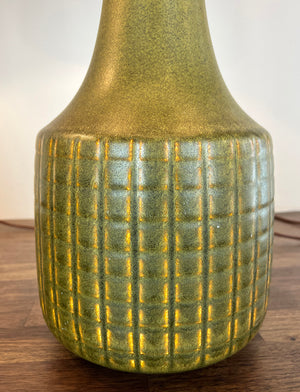RARE PAIR Circa 1965 Lotte Bostlund 900 Series Table Lamps with Green and Yellow Cross Hatched Pattern and Glaze and Original Signed Bostlund Industries Jute and Fibreglass Shades