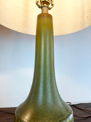 RARE PAIR Circa 1965 Lotte Bostlund 900 Series Table Lamps with Green and Yellow Cross Hatched Pattern and Glaze and Original Signed Bostlund Industries Jute and Fibreglass Shades