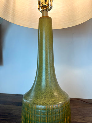 RARE PAIR Circa 1965 Lotte Bostlund 900 Series Table Lamps with Green and Yellow Cross Hatched Pattern and Glaze and Original Signed Bostlund Industries Jute and Fibreglass Shades
