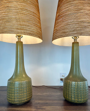 RARE PAIR Circa 1965 Lotte Bostlund 900 Series Table Lamps with Green and Yellow Cross Hatched Pattern and Glaze and Original Signed Bostlund Industries Jute and Fibreglass Shades