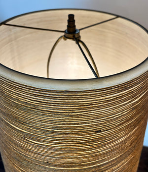 RARE PAIR Circa 1965 Lotte Bostlund 900 Series Table Lamps with Green and Yellow Cross Hatched Pattern and Glaze and Original Signed Bostlund Industries Jute and Fibreglass Shades