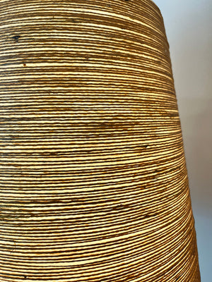 RARE PAIR Circa 1965 Lotte Bostlund 900 Series Table Lamps with Green and Yellow Cross Hatched Pattern and Glaze and Original Signed Bostlund Industries Jute and Fibreglass Shades