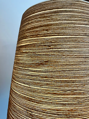 RARE PAIR Circa 1965 Lotte Bostlund 900 Series Table Lamps with Green and Yellow Cross Hatched Pattern and Glaze and Original Signed Bostlund Industries Jute and Fibreglass Shades