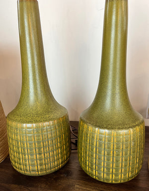RARE PAIR Circa 1965 Lotte Bostlund 900 Series Table Lamps with Green and Yellow Cross Hatched Pattern and Glaze and Original Signed Bostlund Industries Jute and Fibreglass Shades