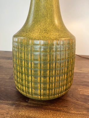 RARE PAIR Circa 1965 Lotte Bostlund 900 Series Table Lamps with Green and Yellow Cross Hatched Pattern and Glaze and Original Signed Bostlund Industries Jute and Fibreglass Shades