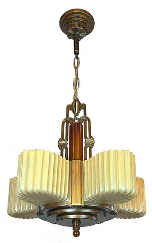 Antique Machine Age Art Deco Circa 1930 Five Light Markel Slip Shade Chandelier