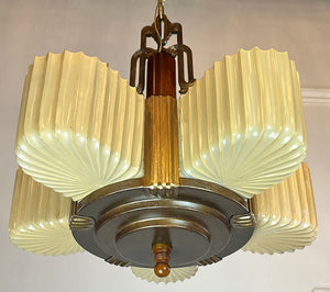 Antique Machine Age Art Deco Circa 1930 Five Light Markel Slip Shade Chandelier