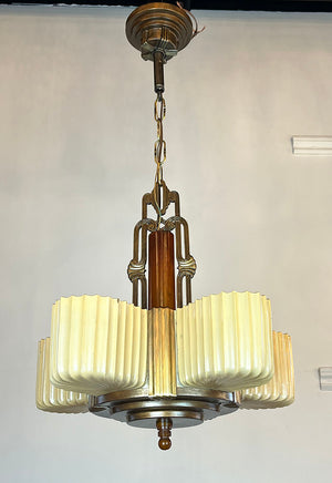 Antique Machine Age Art Deco Circa 1930 Five Light Markel Slip Shade Chandelier