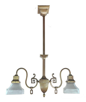 $1800 PAIR - Rare Pair of early 1900s Transitional Mission Converted Gas Double Light Pendants