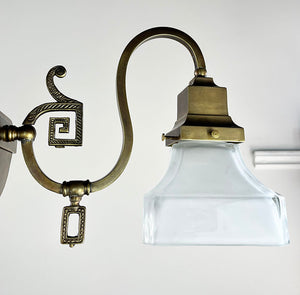 $1800 PAIR - Rare Pair of early 1900s Transitional Mission Converted Gas Double Light Pendants