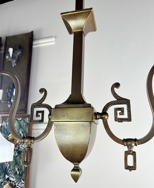 $1800 PAIR - Rare Pair of early 1900s Transitional Mission Converted Gas Double Light Pendants