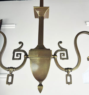 $1800 PAIR - Rare Pair of early 1900s Transitional Mission Converted Gas Double Light Pendants