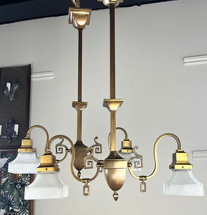 $1800 PAIR - Rare Pair of early 1900s Transitional Mission Converted Gas Double Light Pendants