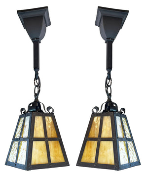 $800 PAIR -  Antique Circa 1910 Arts and Crafts Lanterns with Carmel Slag Glass