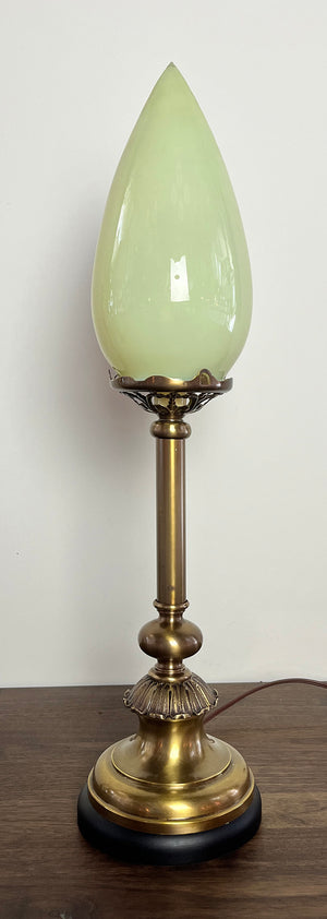 Antique Early 1900 Early Electric Newel Post Light With Original Antique Vaseline Glass Bullet Shade