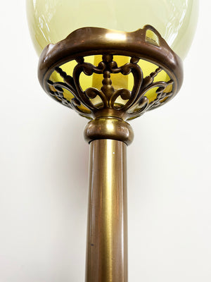 Antique Early 1900 Early Electric Newel Post Light With Original Antique Vaseline Glass Bullet Shade