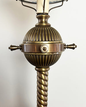 Stunning late 1880s early 1900s Converted Gas Newel Post with Decorative Urn Center Body and Stunning Original Opal Swirl Gas Shade