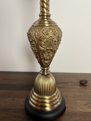 Stunning late 1880s early 1900s Converted Gas Newel Post with Decorative Urn Center Body and Stunning Original Opal Swirl Gas Shade