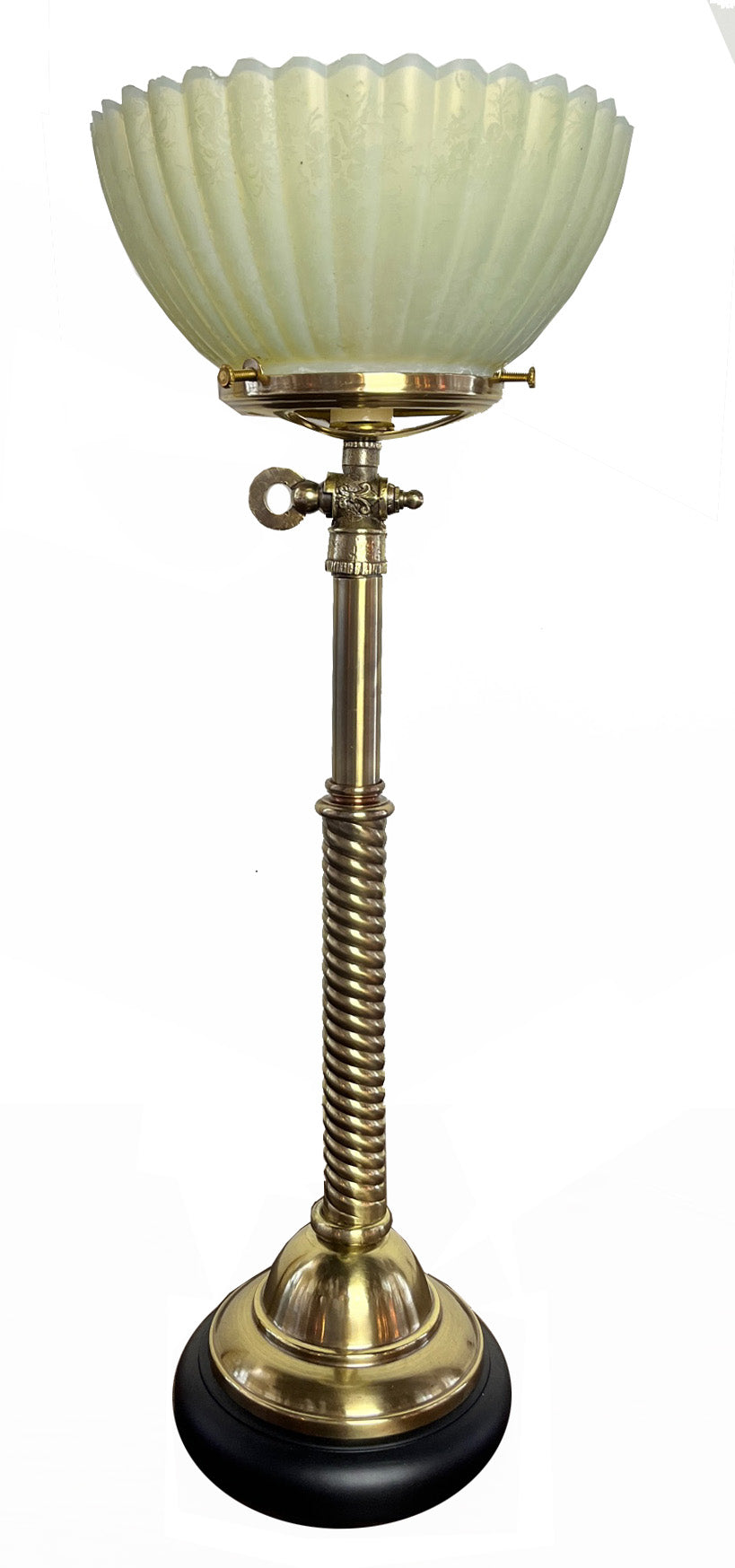 Antique 1880s Converted Gas Newel Post Light with Ribbed and Etched Vaseline Glass Gas Shade