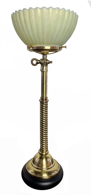 Antique 1880s Converted Gas Newel Post Light with Ribbed and Etched Vaseline Glass Gas Shade