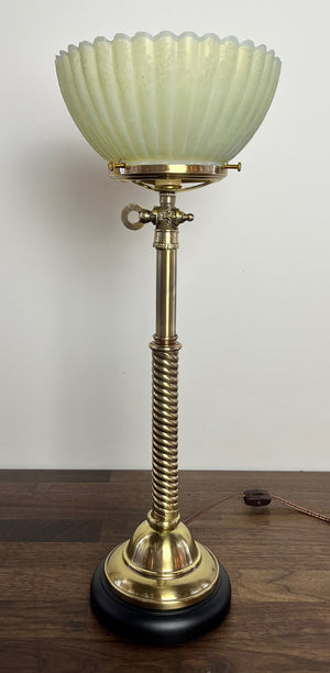 Antique 1880s Converted Gas Newel Post Light with Ribbed and Etched Vaseline Glass Gas Shade