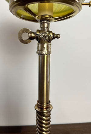 Antique 1880s Converted Gas Newel Post Light with Ribbed and Etched Vaseline Glass Gas Shade